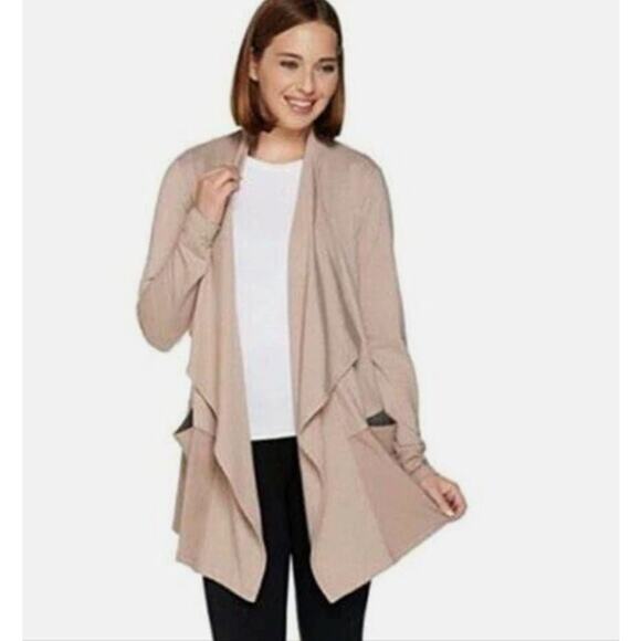 QVC LOGO Lounge Draped Open Front Cardigan L Womens Taupe Layered Casual Pockets - Picture 1 of 8